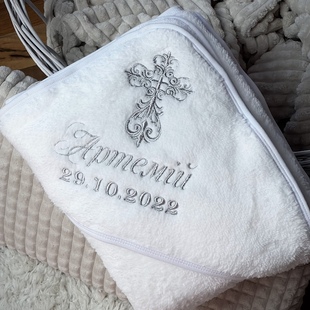 Фото 5 - Крижма Благо біла з вишивкою ім'я прописом (хрестик L4)+дата