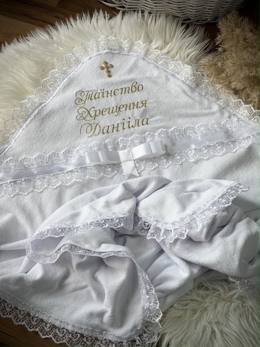 Махра бавовняна двохшарова з мереживом Бантик (хрестик клейовий,таїнство хрещення,ім'я прописом) фото