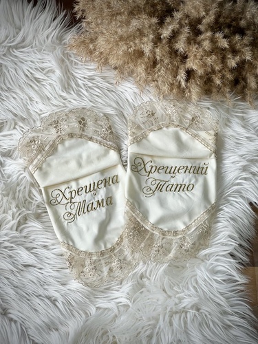 Хустинки під свічки айворі с золотим мереживом Таїнство, напис золото (2шт) фото