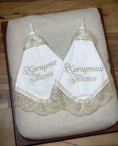 Хустинки під свічки білі с золотим мереживом Таїнство, напис золото (2шт) фото