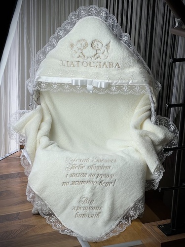 Крижма тепла з янголами+побажання+від хрещених айворі фото